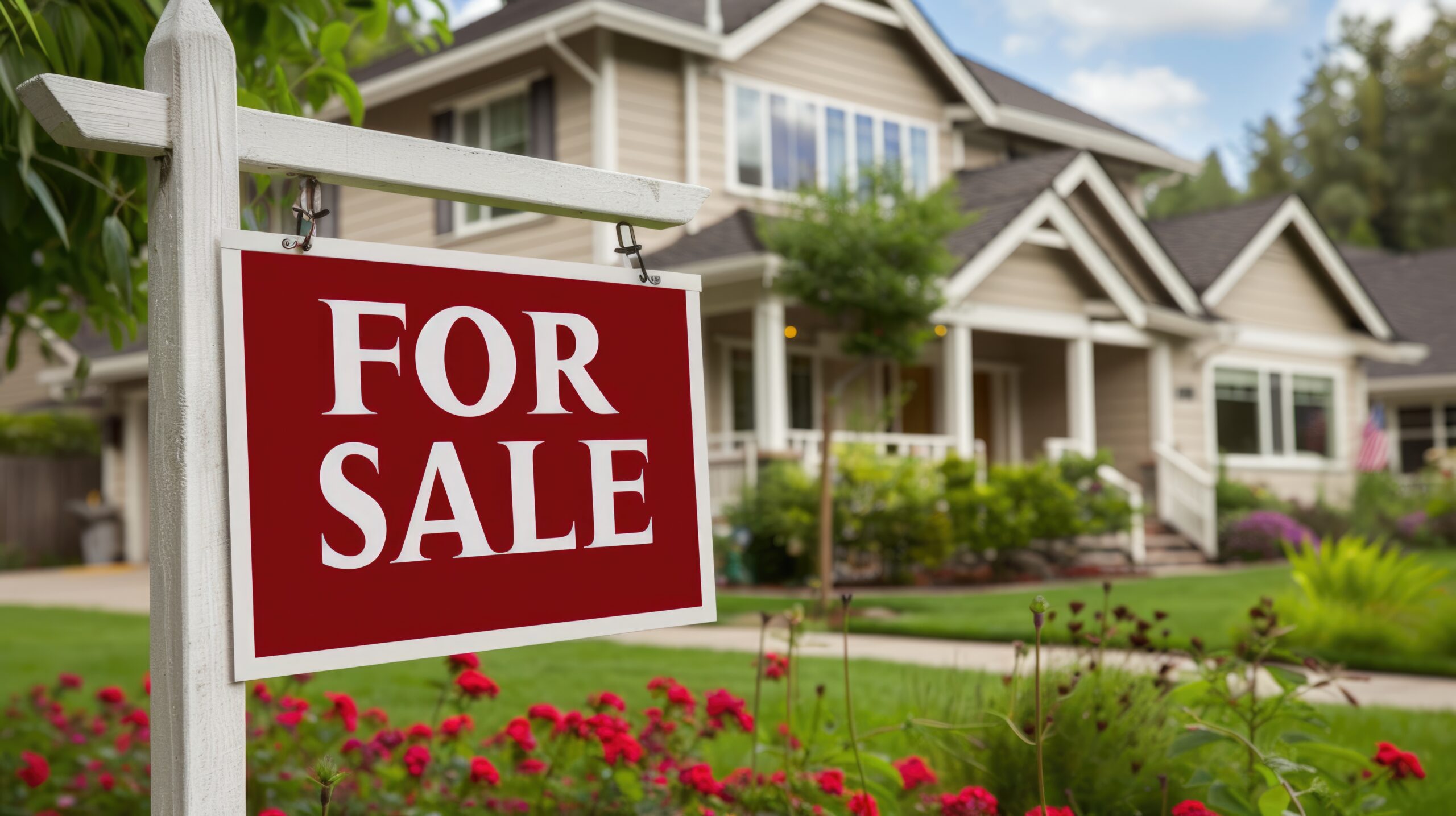 House for sale. A stunning real estate photograph of a suburban home with a "for-sale" sign in the yard, indicating that the property has already been sold